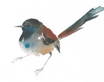 Original Watercolor Bird Painting Blue and Red Bird