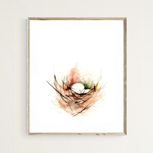 Impresión artística de acuarela de un nido de pájaro con huevos en tonos terrosos, estudio expresivo de la naturaleza sobre papel de artista, decoración de pared de 15 x 20 cm para amantes de la naturaleza.