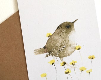 Postcard Wren and Flowers, Garden Bird Postcard, Set of Poscards, Sustainable Postcards