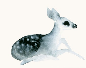 Tiny Deer Fawn Watercolor Art Print - Miniature Wall Art