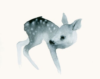 Tiny Deer Fawn Art Print Watercolor Painting - Miniature Woodland Art