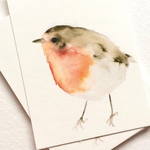 Mini carte postale étiquette cadeau A8 avec aquarelle rouge-gorge sur papier crème, illustration d'oiseau délicat