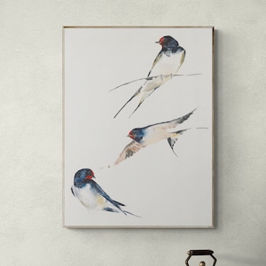 Aquarell Kunstdruck Rauchschwalben im Flug, Dunkelblau Weiß Rot Wandkunst 40x50 cm, Natur Illustration, Vogelbild Poster