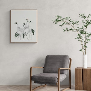 Aquarell Kunstdruck vier Kraniche, 40x50 cm, handsigniertes Naturmotiv, großer Vogel Kunstdruck elegante Wandkunst, modern reduziert