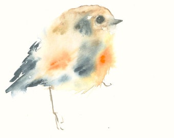 Little Blue Orange Bird Watercolor Print - Babyroom Decor