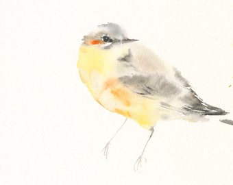 Watercolor Bird Art Print Yellow and Grey Bird - Pastel Wall Decor