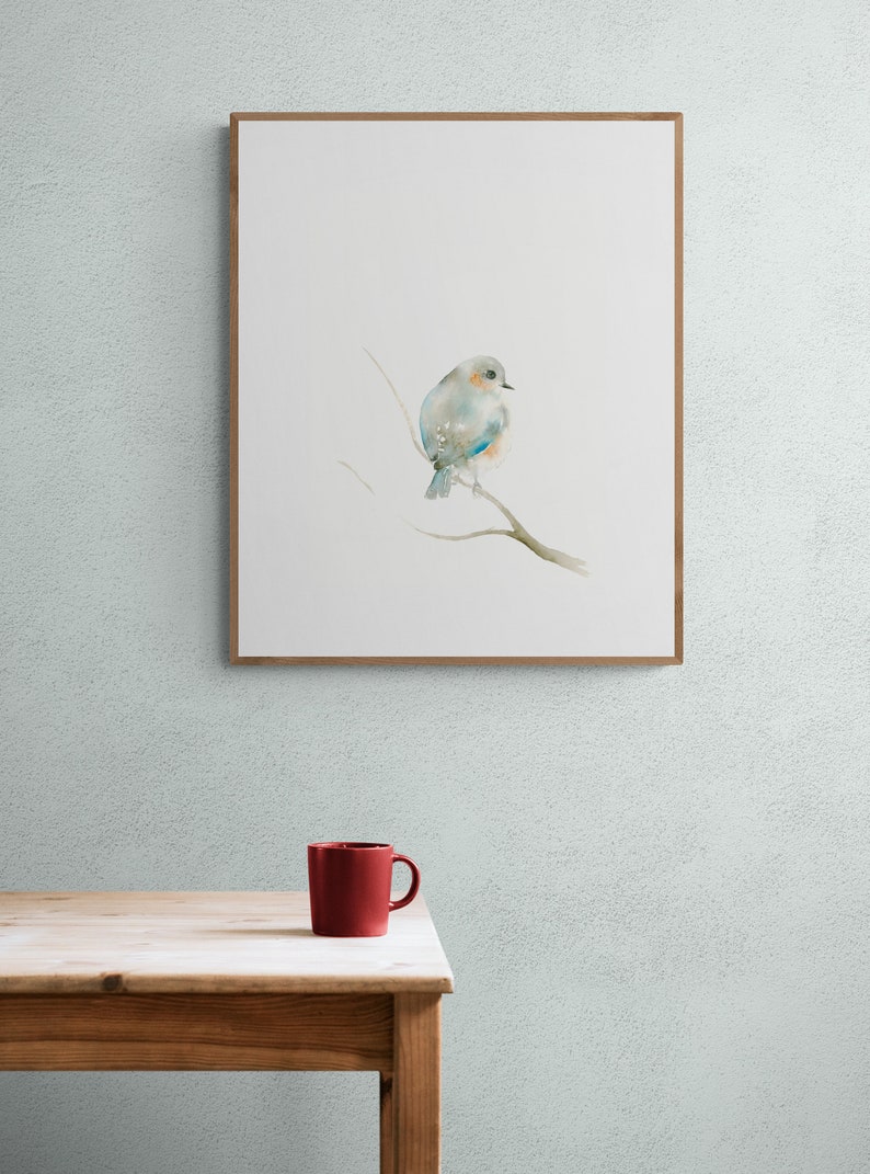 Blue and Orange Bird Pastel Blue Wall Art image 1