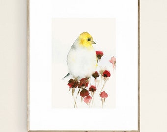 Finch and Flowers Bird Watercolor Art Print