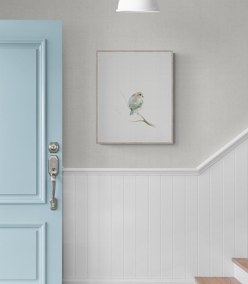 Blue and Orange Bird Pastel Blue Wall Art image 4