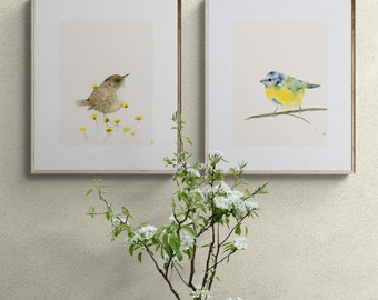 Garden Birds Set of 2 Digital Prints - Wren and Blue Tit Watercolor Art