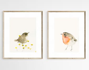 Art print set wren with yellow flowers and robin, 15x20 cm each, native birds on artist paper from original watercolor paintings