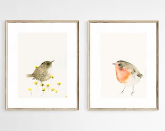 Set of 2 Watercolor Bird Art Prints Wren and Robin - Gardenbird Wall Decor