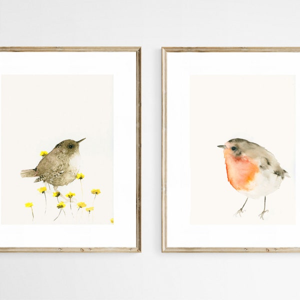 Set aus 2 Aquarell Kunstdrucken Zaunkönig und Rotkehlchen - Heimische Vögel Wanddeko