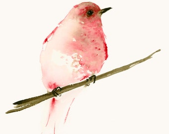 Bird Watercolor Print Raspberry Red Bird - Bird Gifts