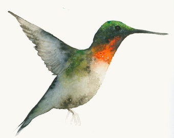 Green and Red Hummingbird Watercolor Bird Art Print, Humming Bird Walle Decor