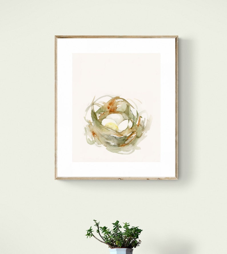 Birds Nest Watercolor Art Print Neutral Wall Art image 1