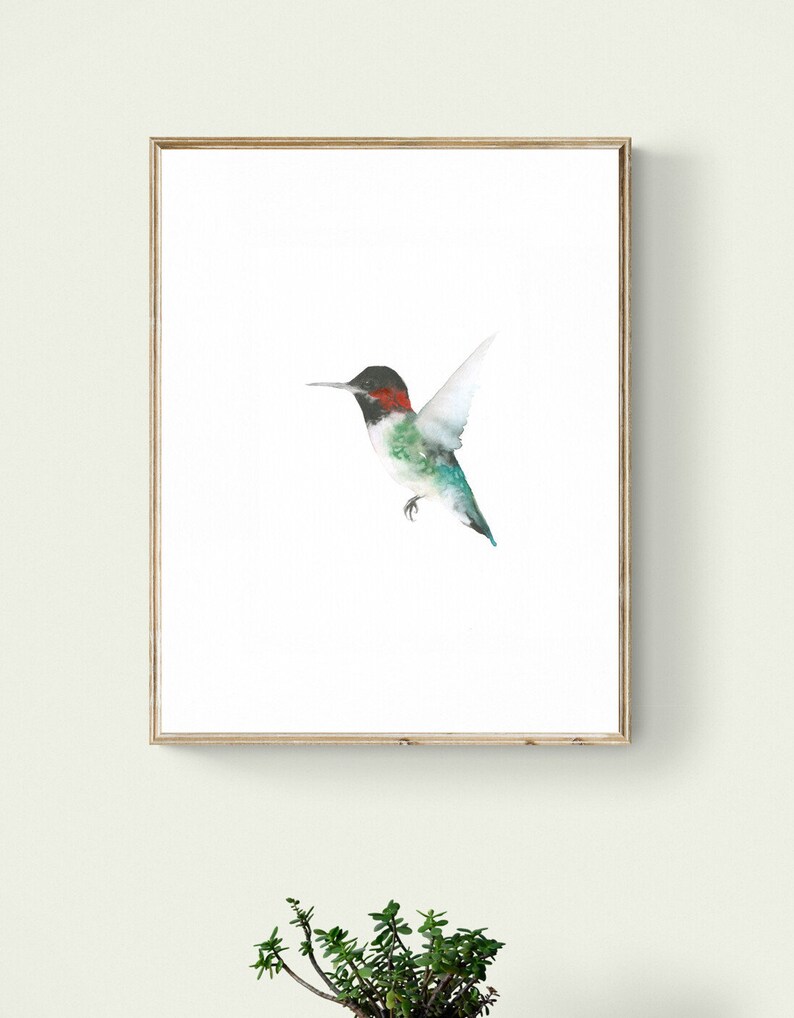 Hummingbird Watercolor Original Black red and Green Hummingbird image 2