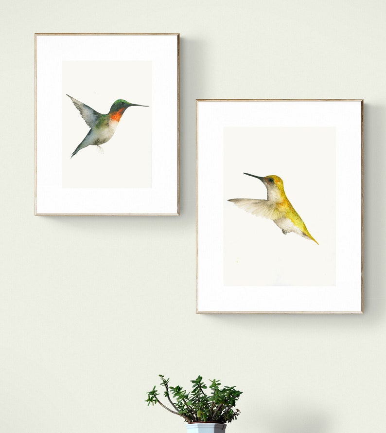 Green and Red Hummingbird Watercolor Bird Art Print, Humming Bird Walle Decor image 3