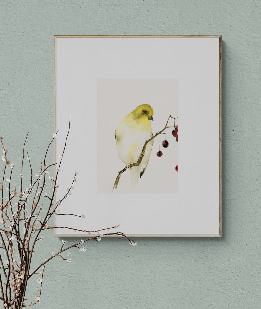 Watercolor Bird Art Print Yellow Bird and Berries Yellow Bird Wall Decor, Bird Gift Etsy