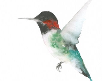 Hummingbird Watercolor Original Black red and Green Hummingbird