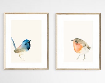 Set aus 2 Kunstdrucken Rotkehlchen und Blauer Vogel