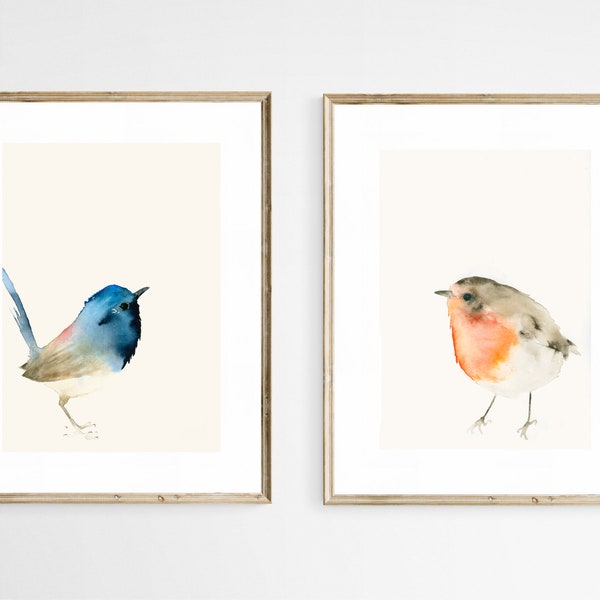 Set aus 2 Kunstdrucken Rotkehlchen und Blauer Vogel