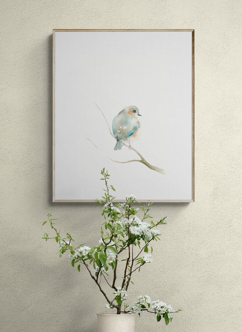 Blue and Orange Bird Pastel Blue Wall Art image 6