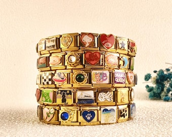 Pulsera italiana de oro con dijes, regalo de San Valentín para ella, dijes italianos personalizados, pulsera vintage con ojo malvado.