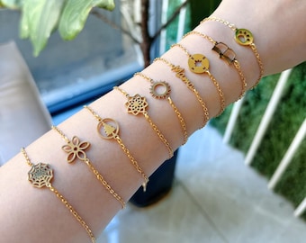 Pulsera con dijes de oro de 18 quilates: acero inoxidable resistente al agua, regalo minimalista.
