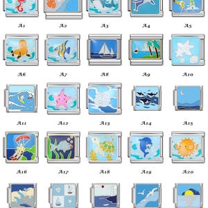 May include: A collection of silver-toned charm bracelets with various ocean-themed designs. Each charm features a different sea creature or scene, including seahorses, starfish, and sailboats, set against a blue background.
