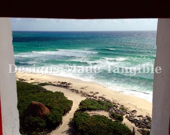 Coastal Window View Wall Art – Ocean Beach Digital Print, Cottagecore Seaside Landscape