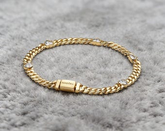 Bracciale Pandora a catena cubana con cuore placcato oro 14K, bracciale in argento S925, bracciale con ciondolo ME, bracciale semplice, bracciale delicato per donna