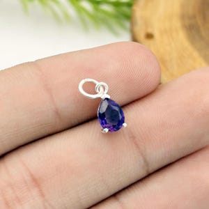Puede incluir: Un pequeño colgante de plata con una piedra preciosa en forma de lágrima, de color púrpura oscuro. La piedra preciosa está facetada y engastada en un bisel de plata. El colgante tiene un pequeño lazo en la parte superior.
