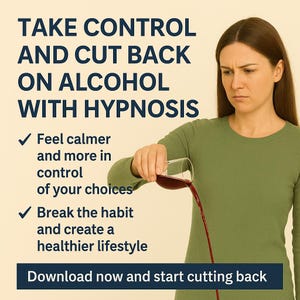 May include: Image promoting hypnosis for alcohol reduction. Text reads: "TAKE CONTROL AND CUT BACK ON ALCOHOL WITH HYPNOSIS." Additional text: "Feel calmer and more in control of your choices." and "Break the habit and create a healthier lifestyle."