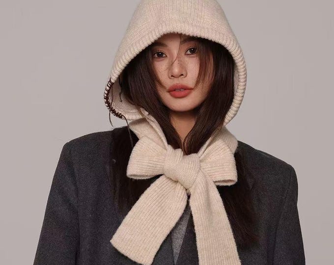 Knitted Hooded Scarf: Mustard Yellow, Beige, Red, Grey Ribbed Balaclava