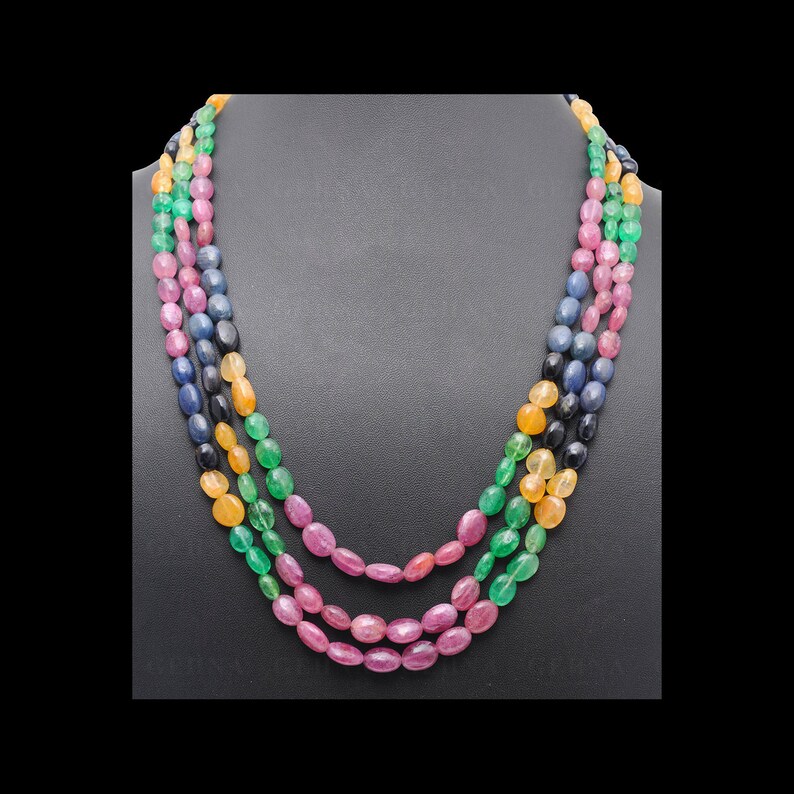 Ruby And Sapphire Gemstone Oval Bead Necklace NP1254 3 Rows Emerald