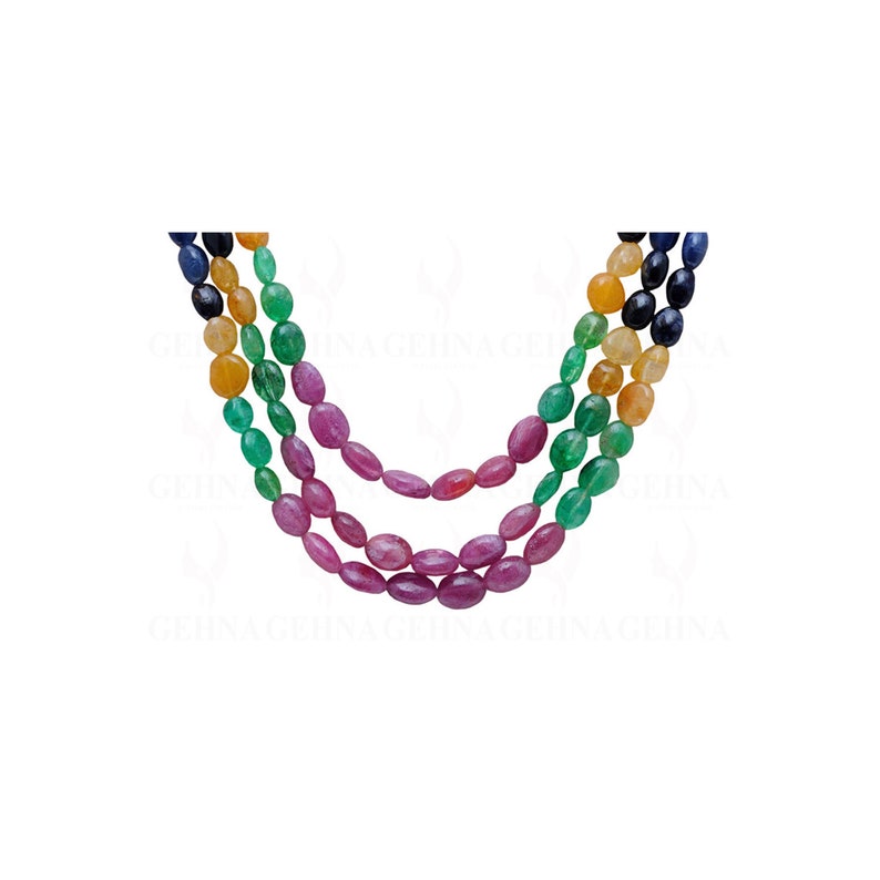 Ruby And Sapphire Gemstone Oval Bead Necklace NP1254 3 Rows Emerald