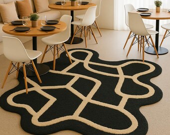 Modern Abstract Area Rug, Black and Cream Wavy Shaped Rug, Minimalist Home Decor Carpet