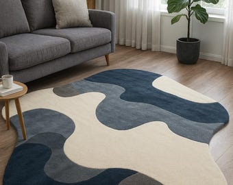 Modern Abstract Rug, Wavy Pattern Area Rug, Blue and Cream  Contemporary Home Decor
