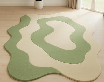 Modern Abstract Area Rug, Cream & Green Wavy Design Carpet,  Bedroom,and living room Rug