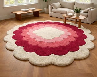 Handmade Tufted rug Flower Area Rug, Soft Pink Plush Carpet, Scalloped Floral