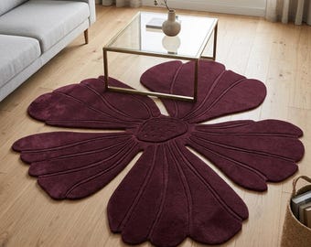 Floral Shaped Rug, Burgundy Petal Area Rug, Modern Designer Carpet, Cozy Living Room Decor