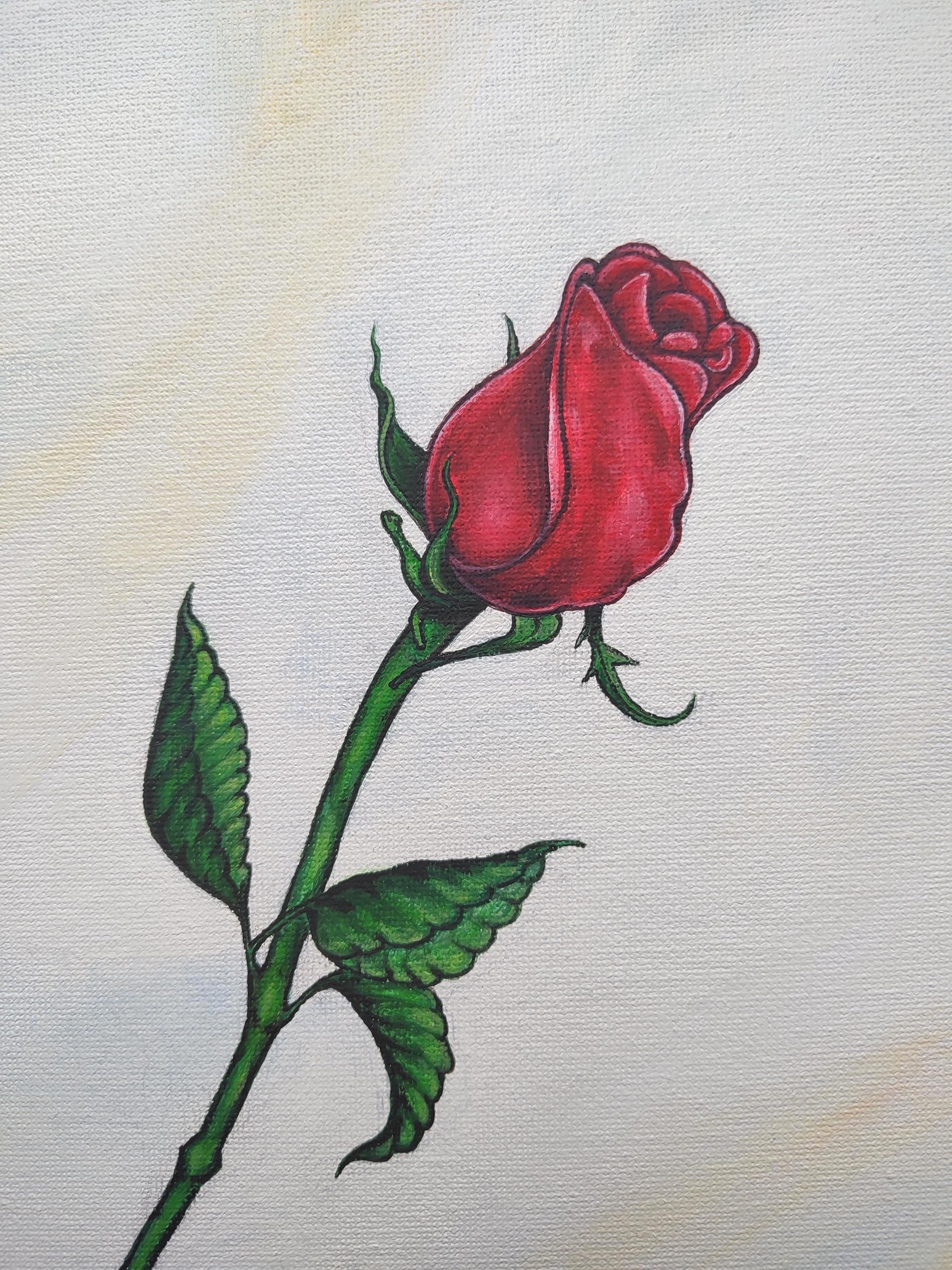 12x12インチ シングルステム レッドローズ キャンバス絵画：オリジナル