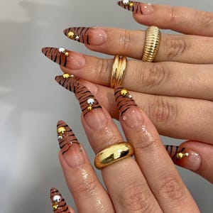 May include: Long, pointed fingernails with a clear base and tiger stripe design in black and brown. The nails are adorned with gold and silver studs. Gold rings are worn on the fingers.