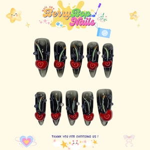 Cherry 3D Nails, Spring Fruit Nails, Fresh Windy Press On Nails, Black Light Almond Nails, Nails For Dating Or Festival, Cute Nail For Girl