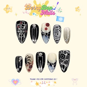 Spider Web Halloween Press On Nails, 3D Bloody Drop Nails with Creepy Spider and Silver Y2K Swirls | Spooky Scary Black Nail Art