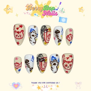 Cute Cat and Fish Bone Press On Nails, Hand-Painted Cartoon Nail Set, Summer Fantasy Nails, Whimsical Artistic Custom Nails