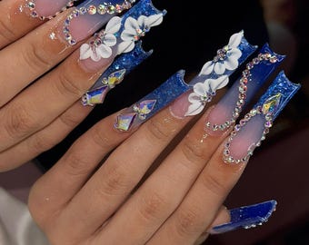 Royal Blue 3D Flower Bling Press On Nails | Ombre Crystal Gem | XL Coffin Luxury Fake Nails | Handmade Wedding Prom Nail Art | Nail Gems
