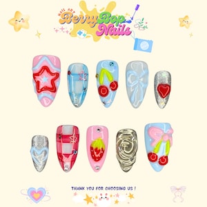 Happy Vibes Summer Press On Nails, Rainbow Glitter Party Nails with Smiley, Cherry and Floral Designs, Cute Handmade Nail Set, Birthday Gift