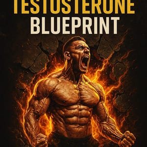 Puede incluir: Ilustración digital que promociona "The Natural Testosterone Blueprint". La imagen presenta a un hombre musculoso con la boca abierta, rodeado de efectos de fuego. El sitio web DRIVEN.CO está en la parte inferior, con texto amarillo y blanco.